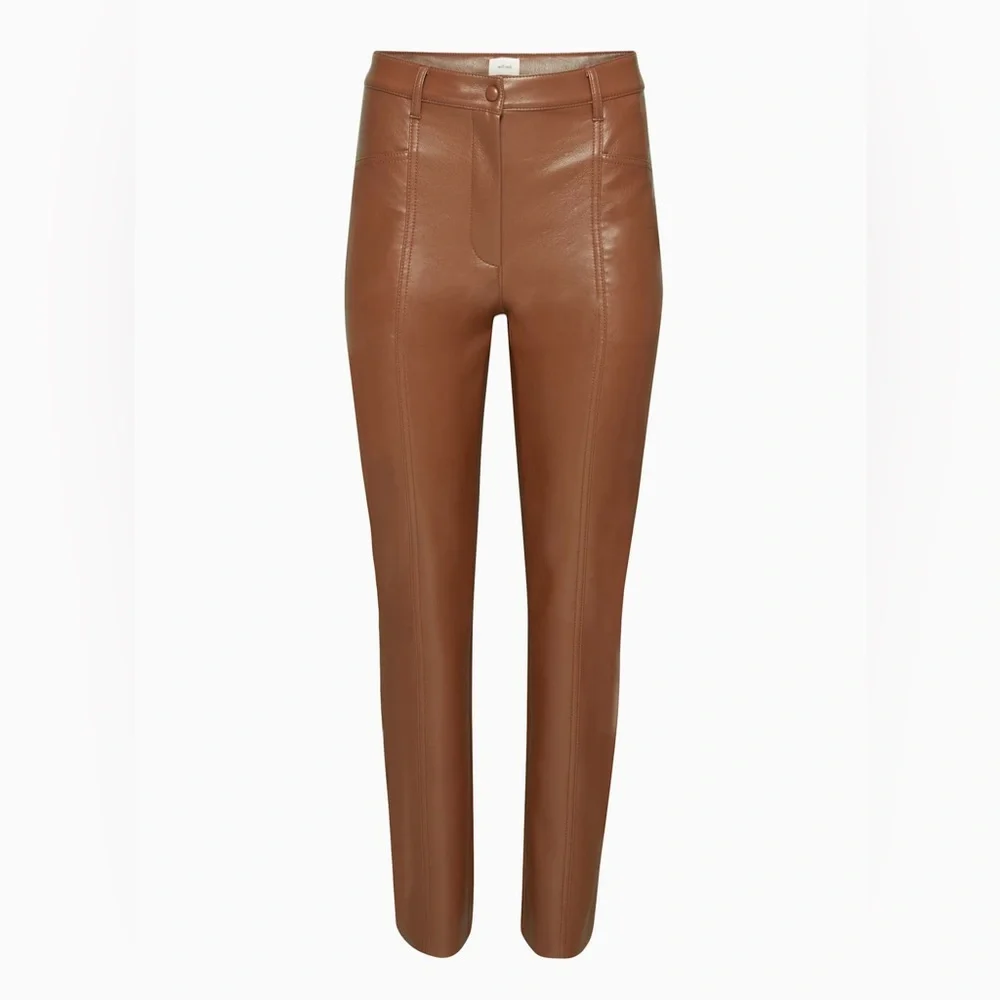 Aritzia Wilfred Rebel Vegan Leather Pants Brown Straight Leg Size 00 - Picture 2 of 13